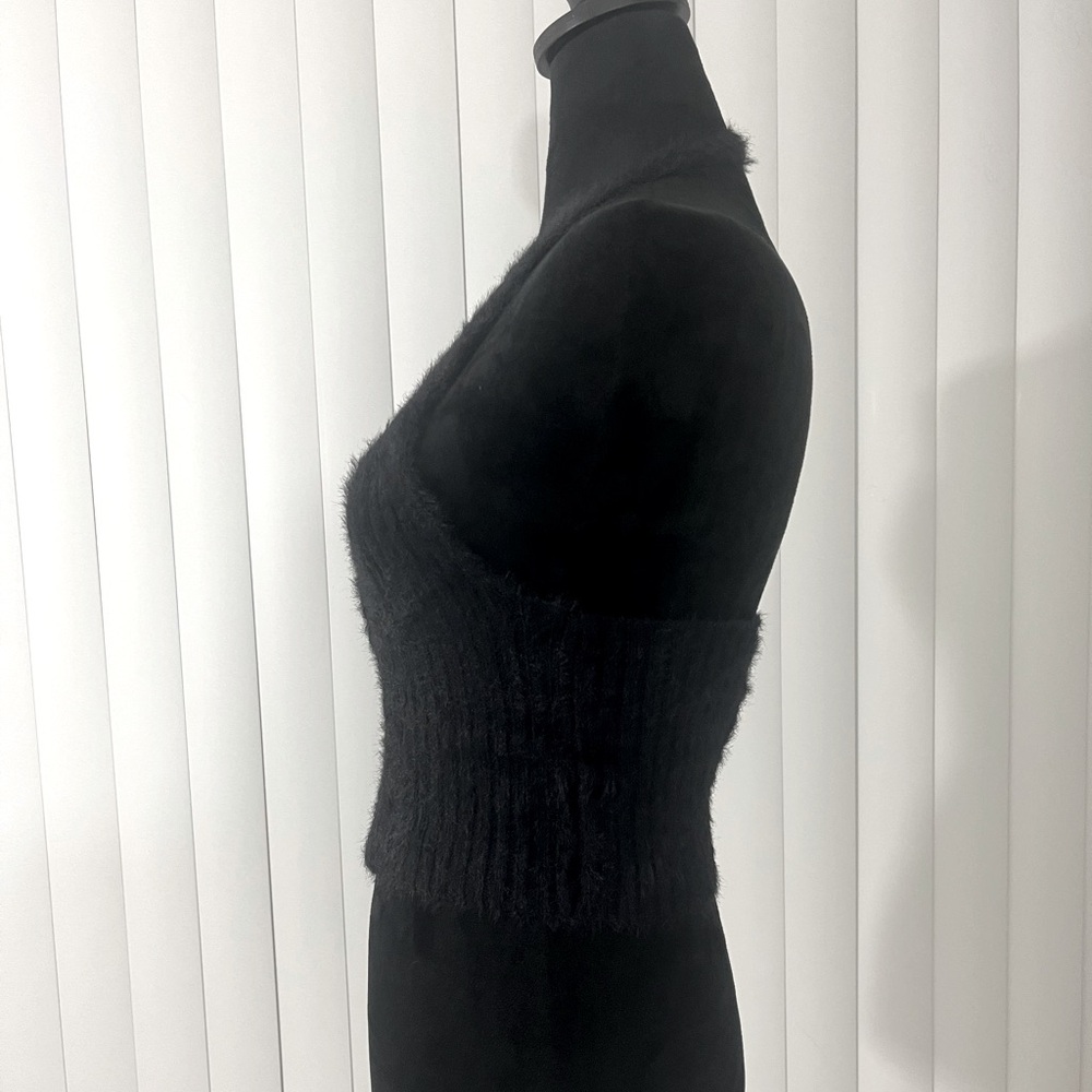 THE RAGGED PRIEST Bug Fuzzy Eyelash Ribbed Knit Halter Crop Top Zip Up Black S - Picture 6 of 12